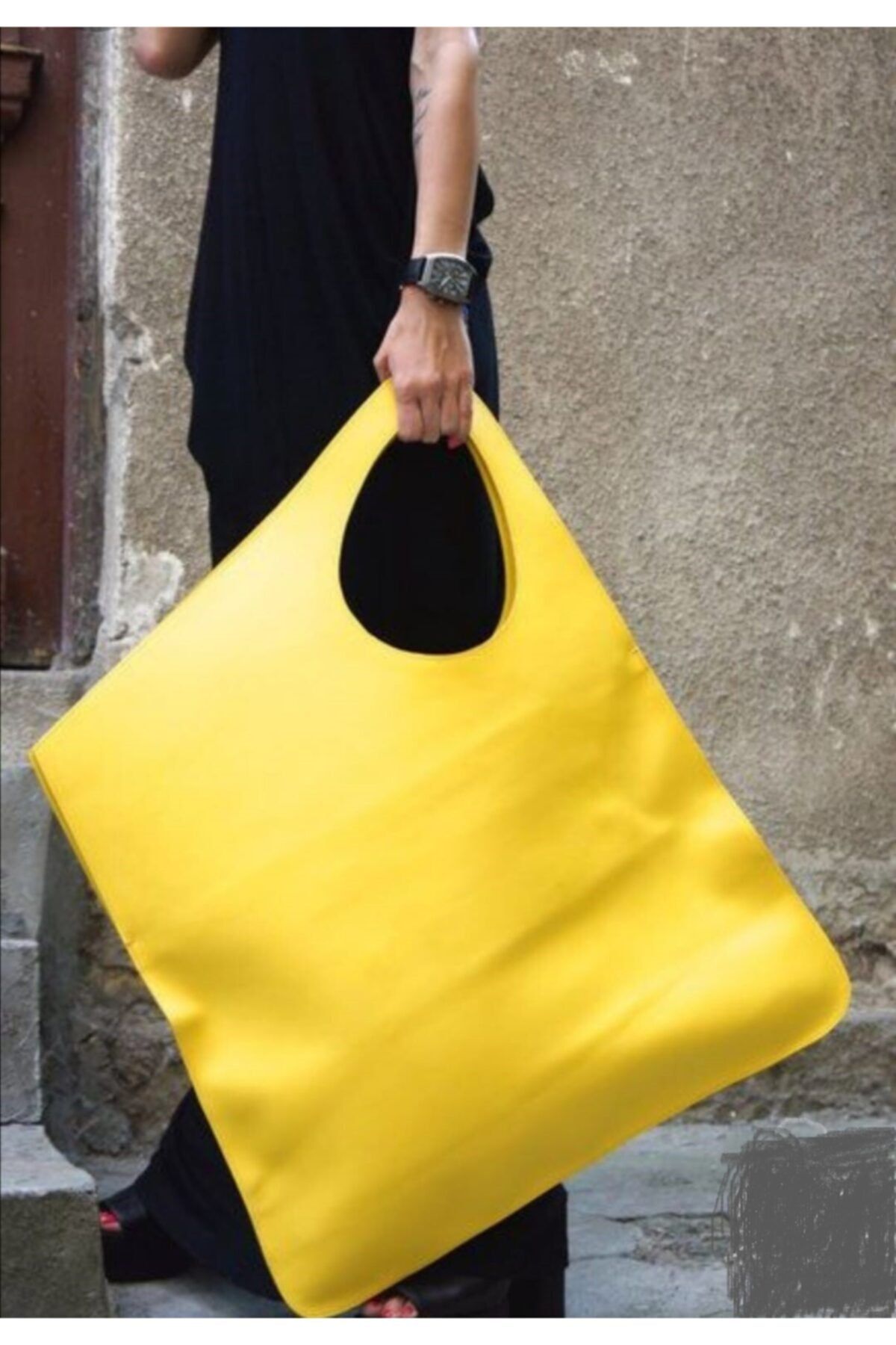 Asimetrik Model Sarı Hakiki Deri El Portföy Clutch