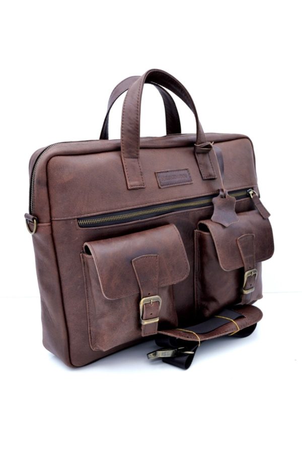 Unisex Antik Kahve Randy Hakiki Deri Evrak&Laptop Çantası - Görsel 2