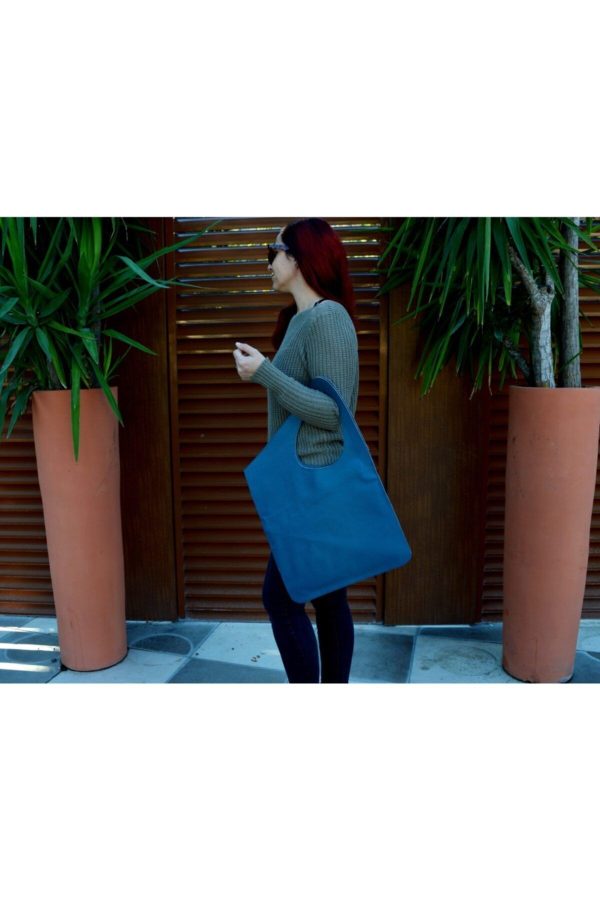 Asimetrik Model Deniz Mavisi Hakiki Deri El Portföy Clutch - Görsel 2