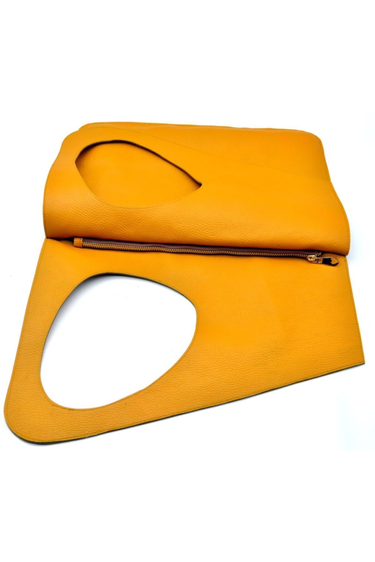 Asimetrik Model Sarı Hakiki Deri El Portföy Clutch - Görsel 3
